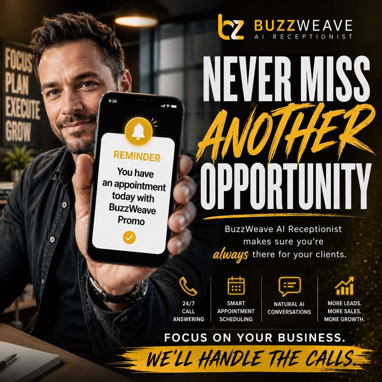 Business owner holding a phone with a Buzzweave appointment reminder notification