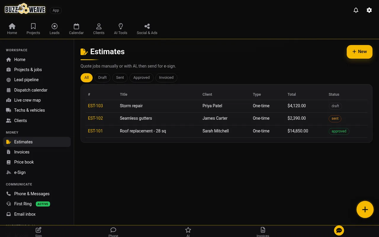 Estimates screen (demo data)