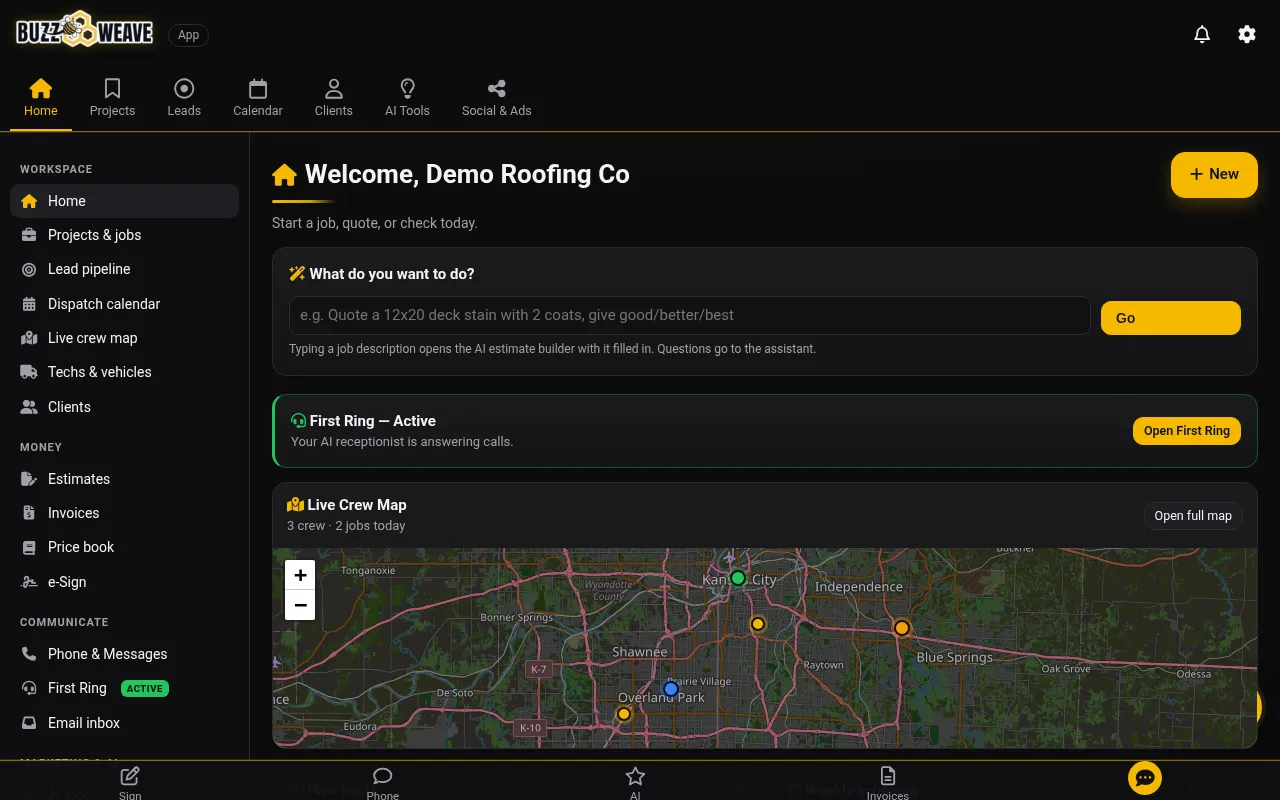 Buzzweave app home screen with demo data