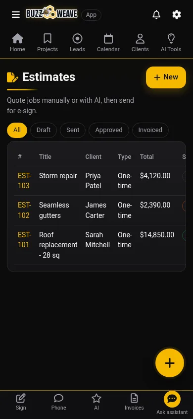 Buzzweave app on a phone: Estimates (demo data)