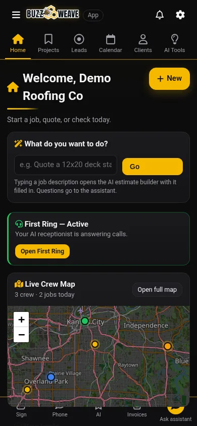 Buzzweave app on a phone: Home (demo data)